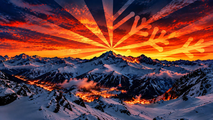 Snow-covered alpine mountains at sunset overlooking a ski resort.